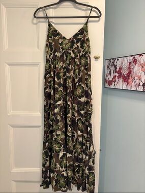 Benetton Floral Maxi Dress in Olive Green Black Black. NWT.